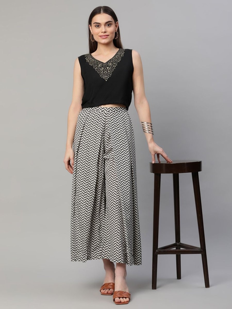 Ahalyaa Women Black Crepe Printed Top Palazzo Set