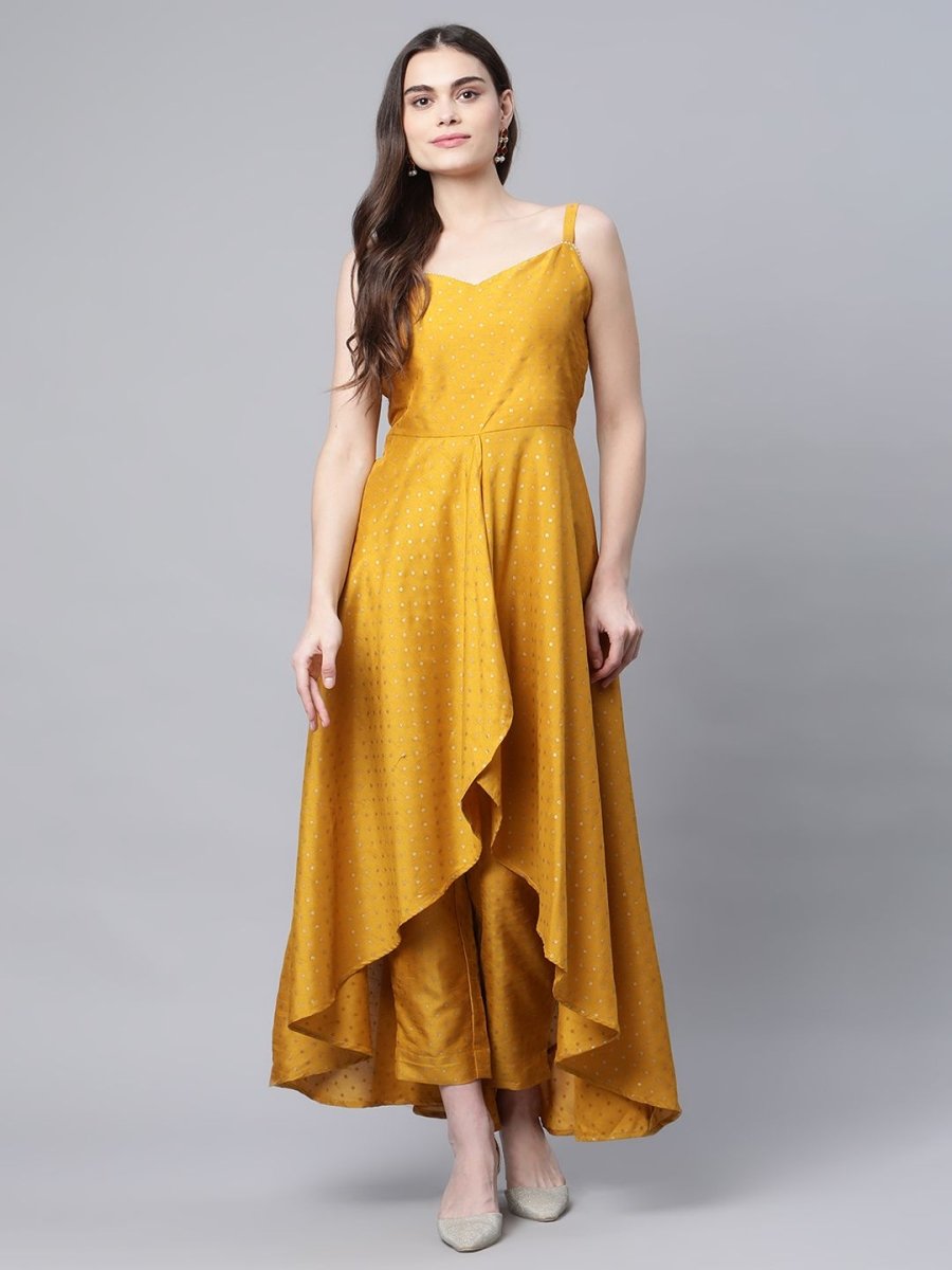 Ahalyaa Women Mustard Poly Silk Gold-Toned Printed Kurta With Trousers