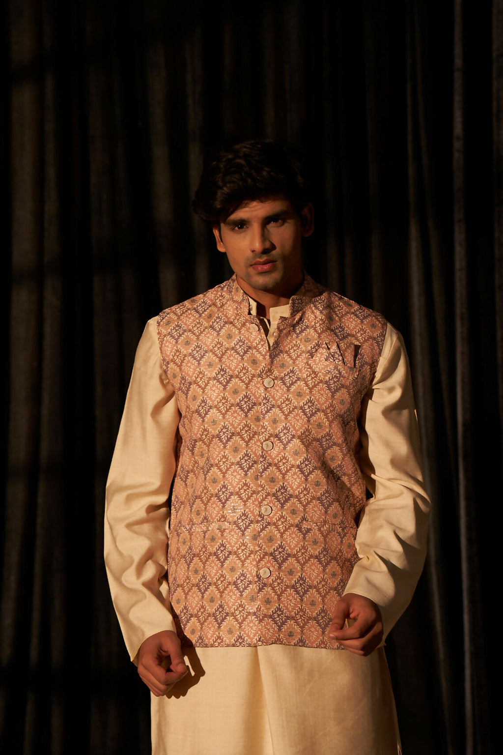 Brown Viscose Designer Printed Men's Kurta Set with Koti - Mahotsav