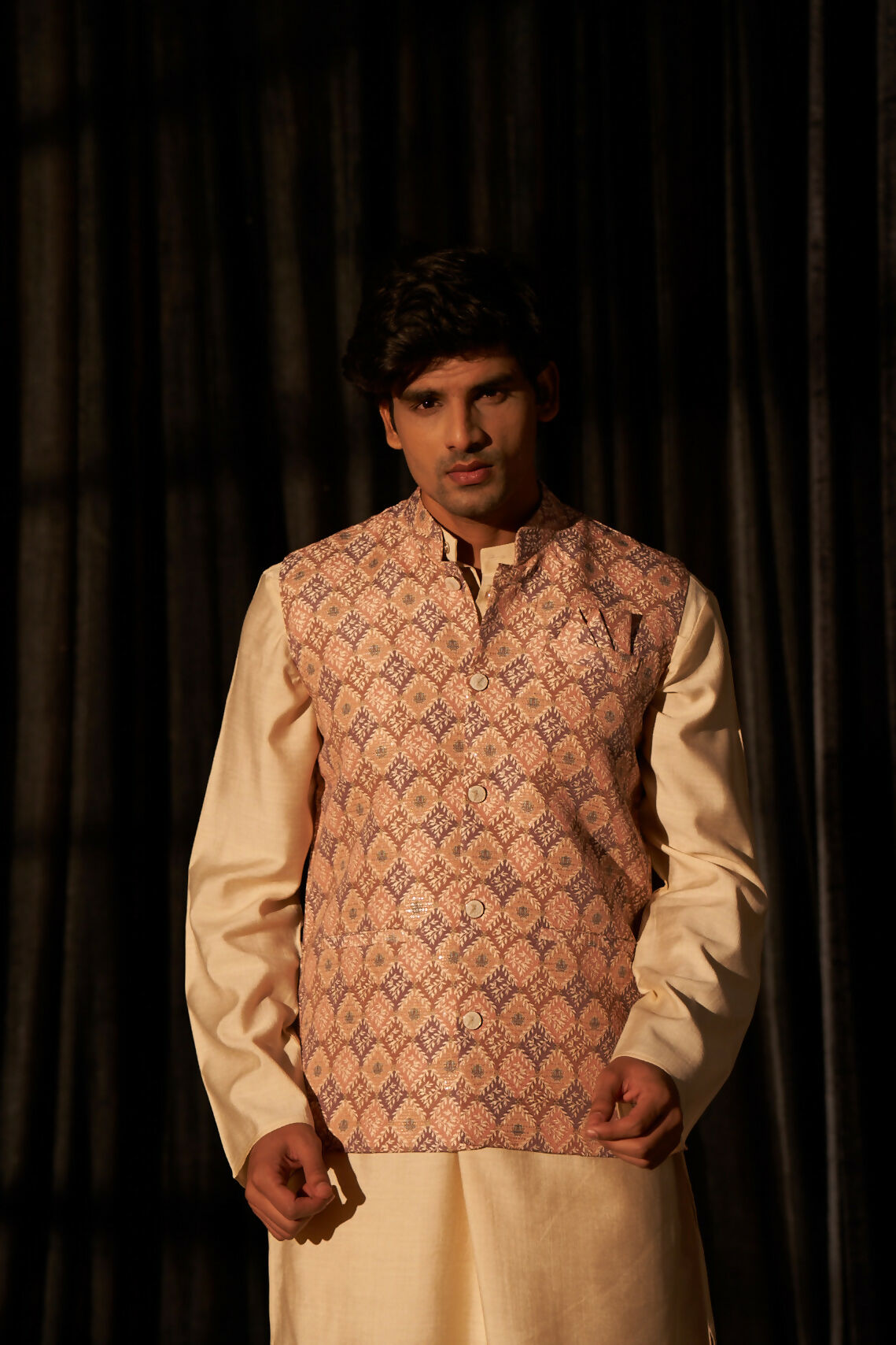 Brown Viscose Designer Printed Men's Kurta Set with Koti - Mahotsav