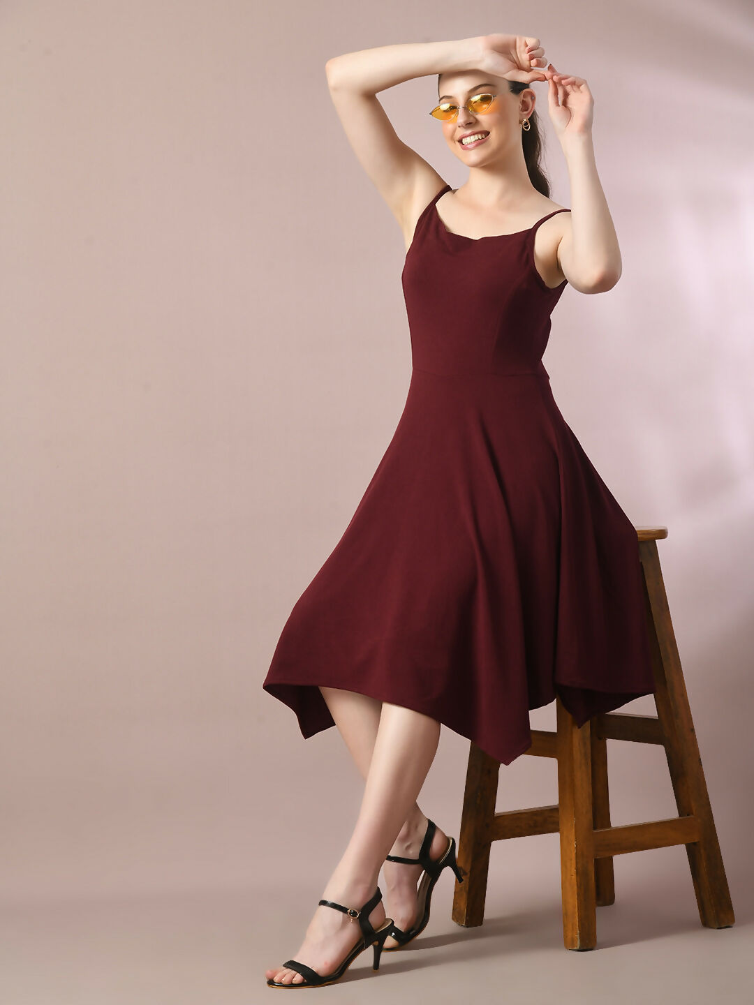 Myshka Women's Maroon Solid Shoulder Straps Fit and Flare Party Dress