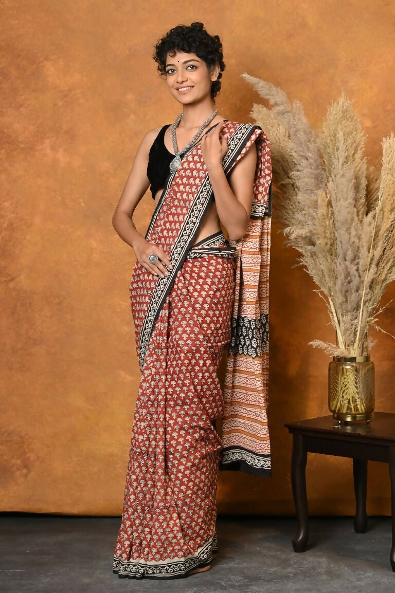 Very Much Indian Handblock Printed Cotton Saree With Natural Dyes - Orange