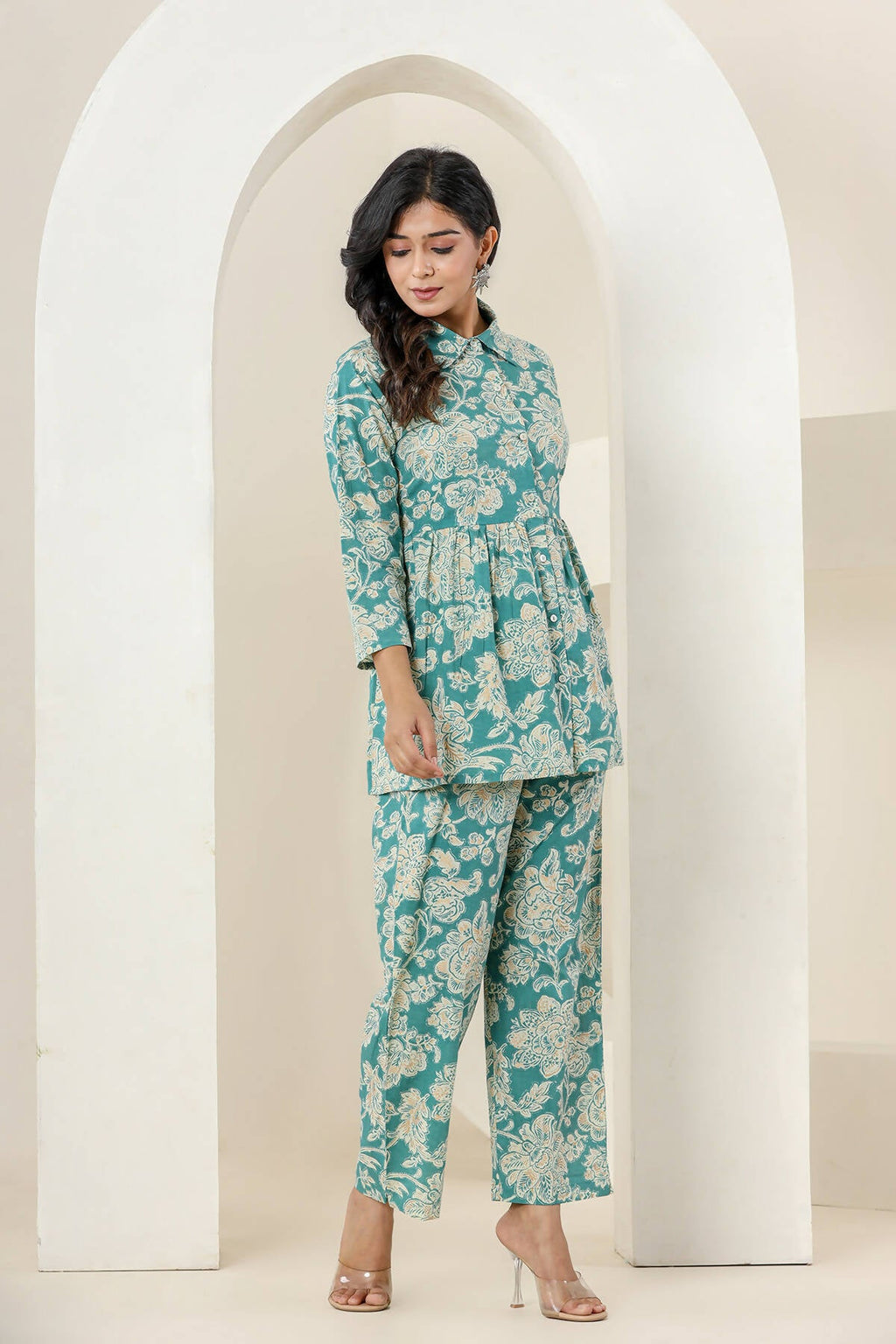 Kaajh Women's Turqouise Gold Print Cotton Co-ord Set