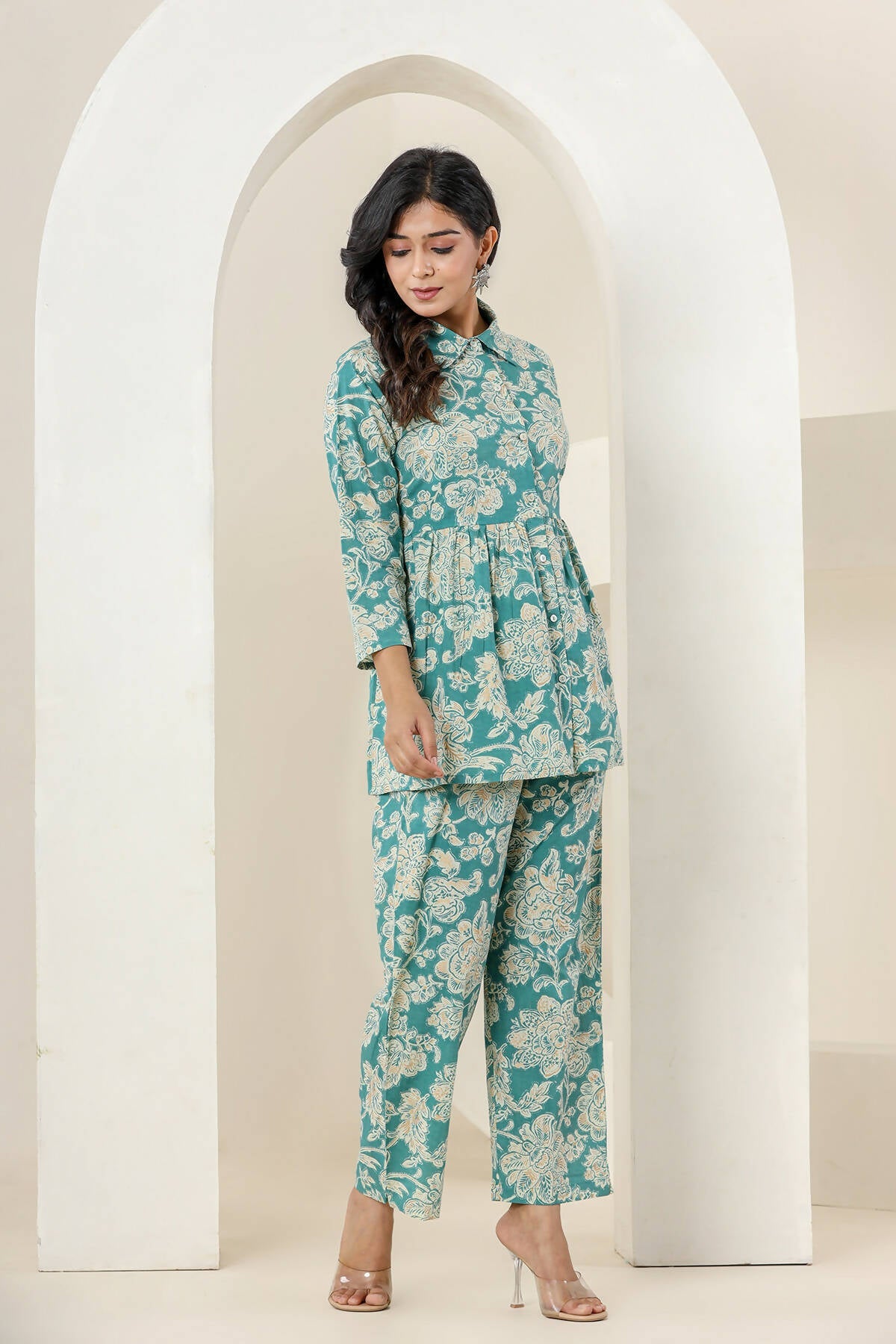 Kaajh Women's Turqouise Gold Print Cotton Co-ord Set