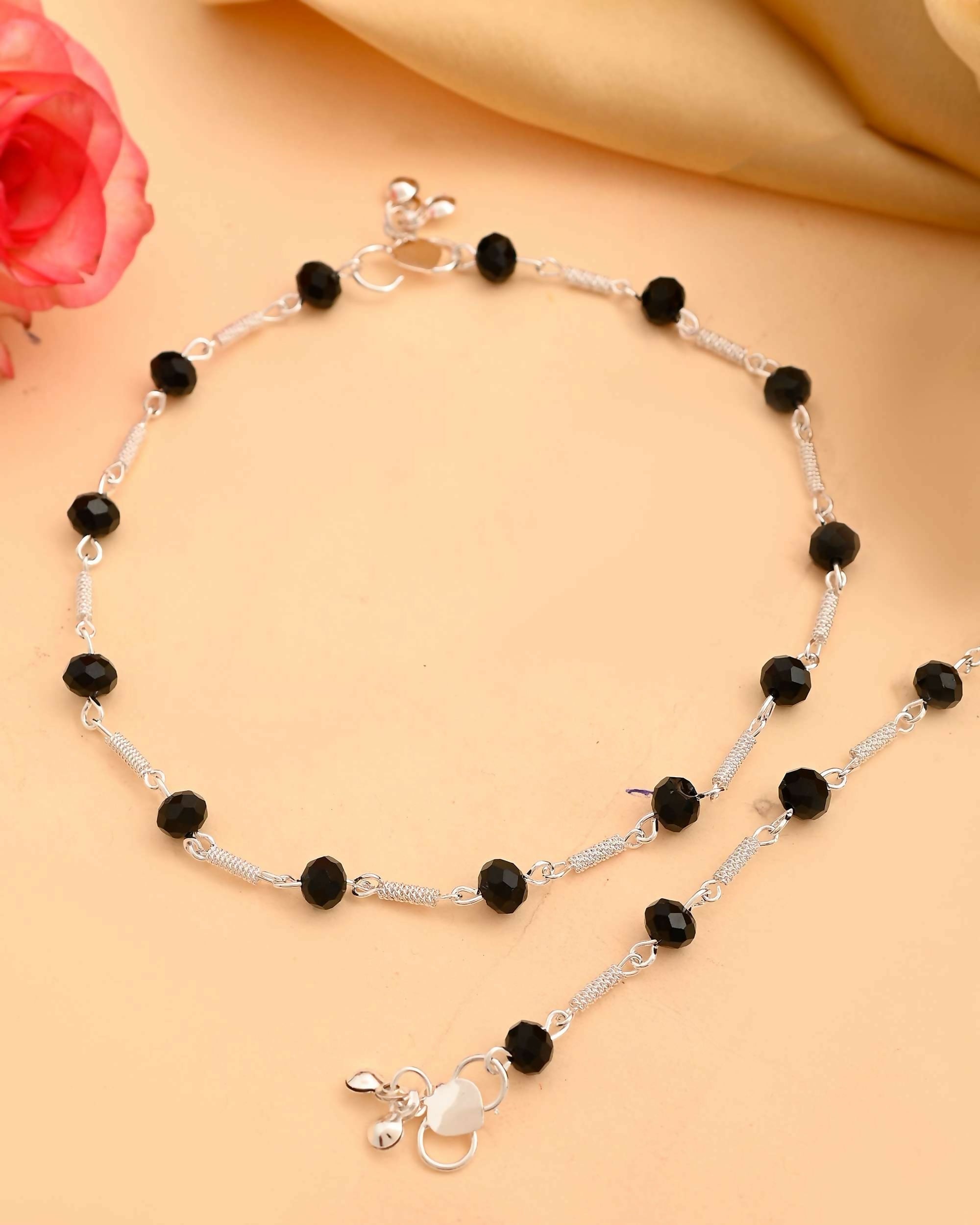 VOJ Set of 2 Silver Plated With Black Beads Anklet