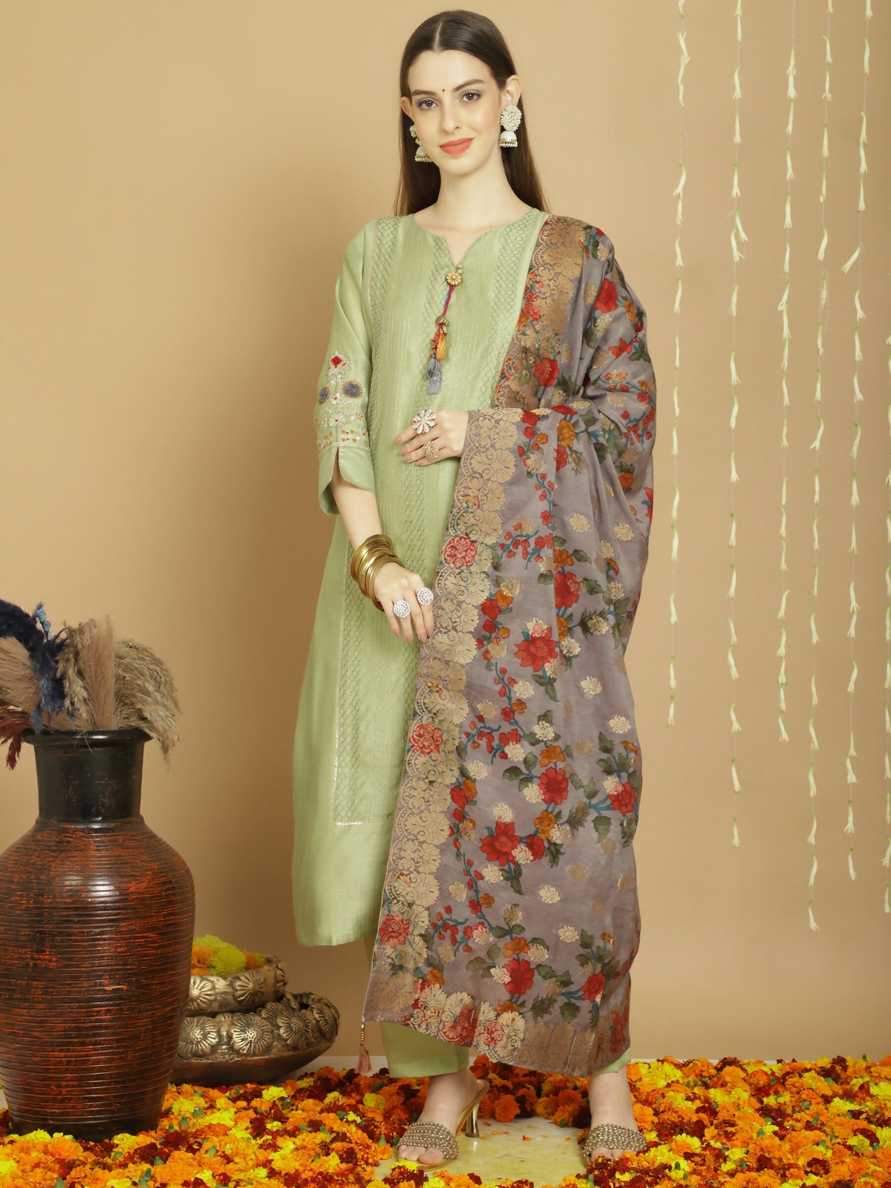 Jyoti Fashion Women's Green Chanderi Silk Elegant Jardoshi Semi Kurta with Trouser & Dupatta