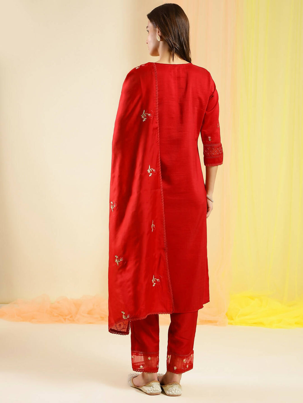 Red Chinon Embroidered Straight Kurta with Trouser & Dupatta - Salimar