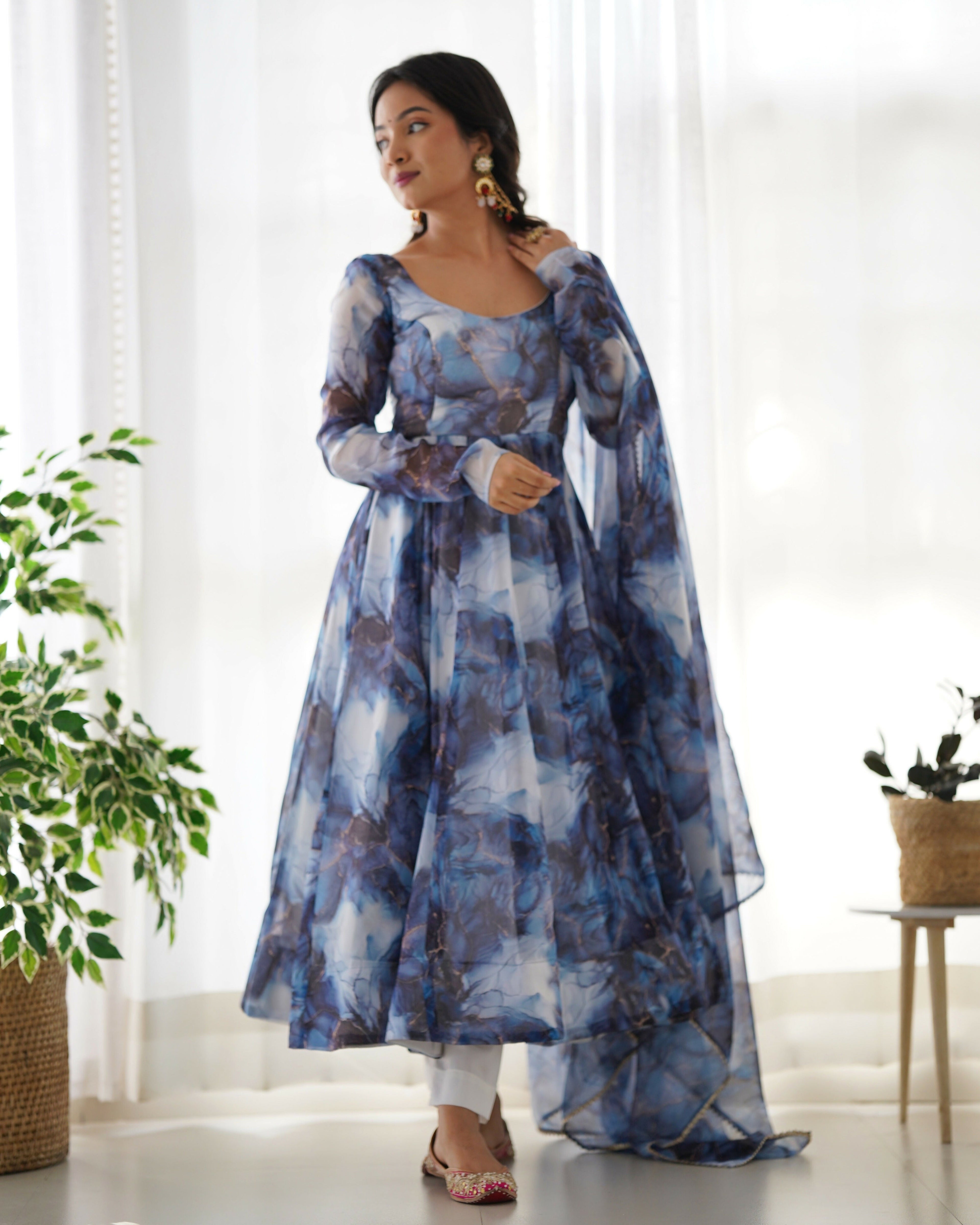 Joban Fashion Navy Blue Kurta Set Organza Sequin Embroidery Work