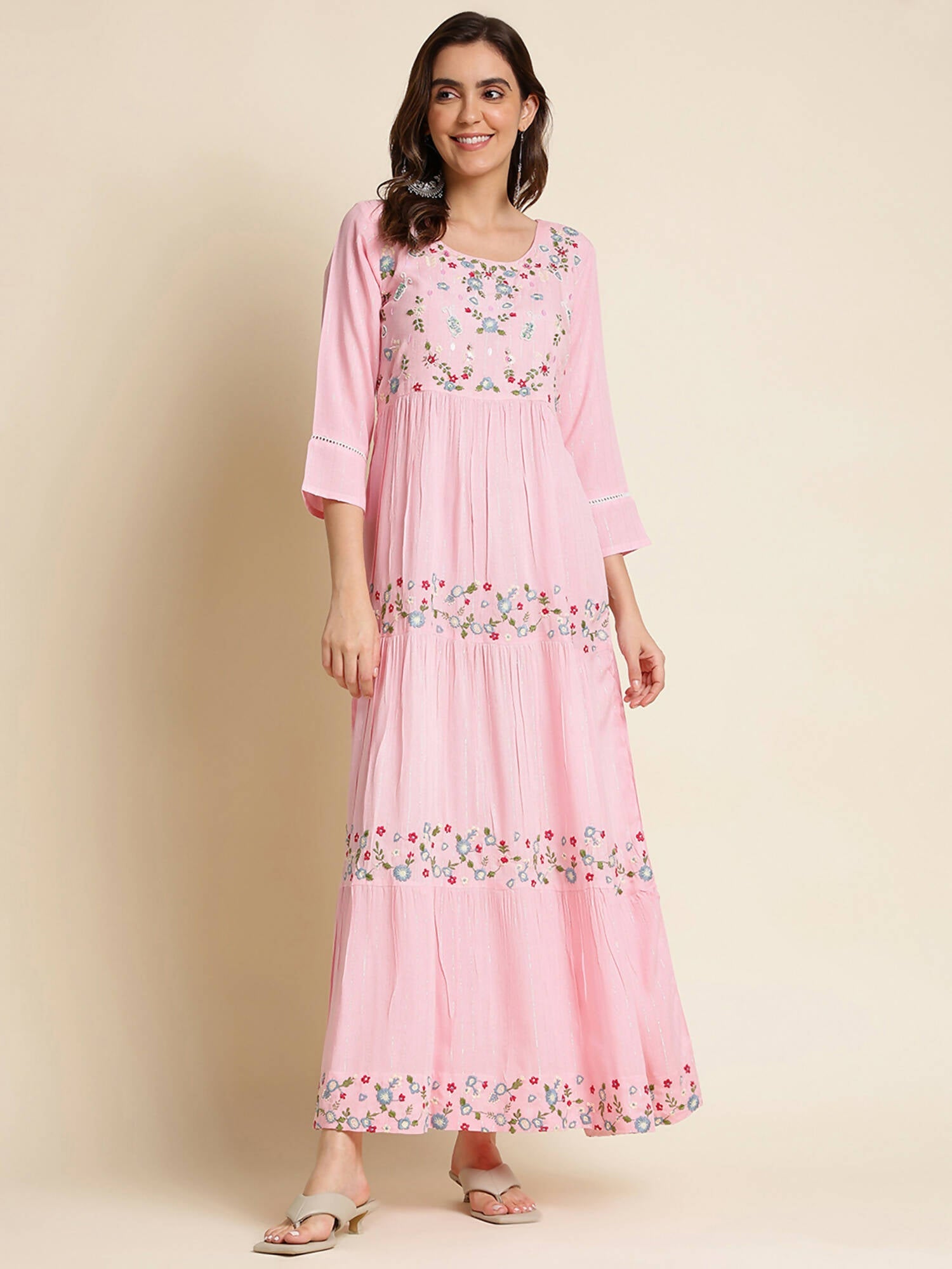 Pink Chinon Floral Embroidered Dress - Nandani