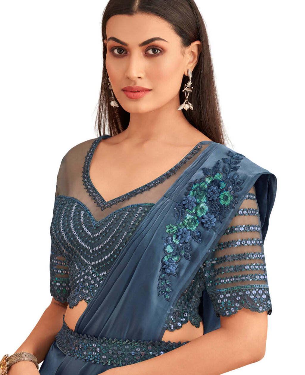Navy Blue Satin Embroidered Ready To Wear Saree With Unstitched Blouse Piece - Nandika