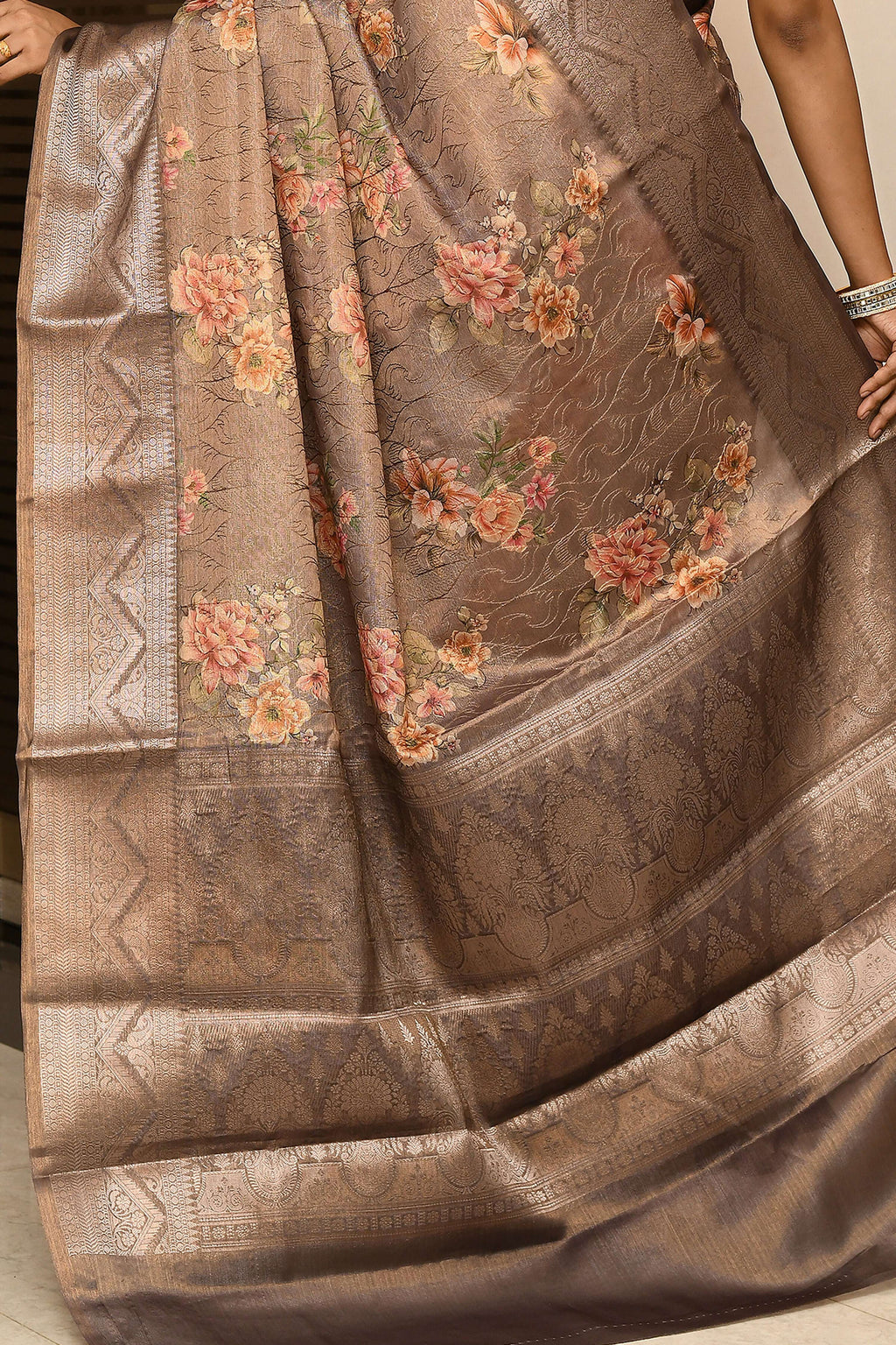 Joban Fashion Cofee Brown Saree Tissue Digital With Embroidery