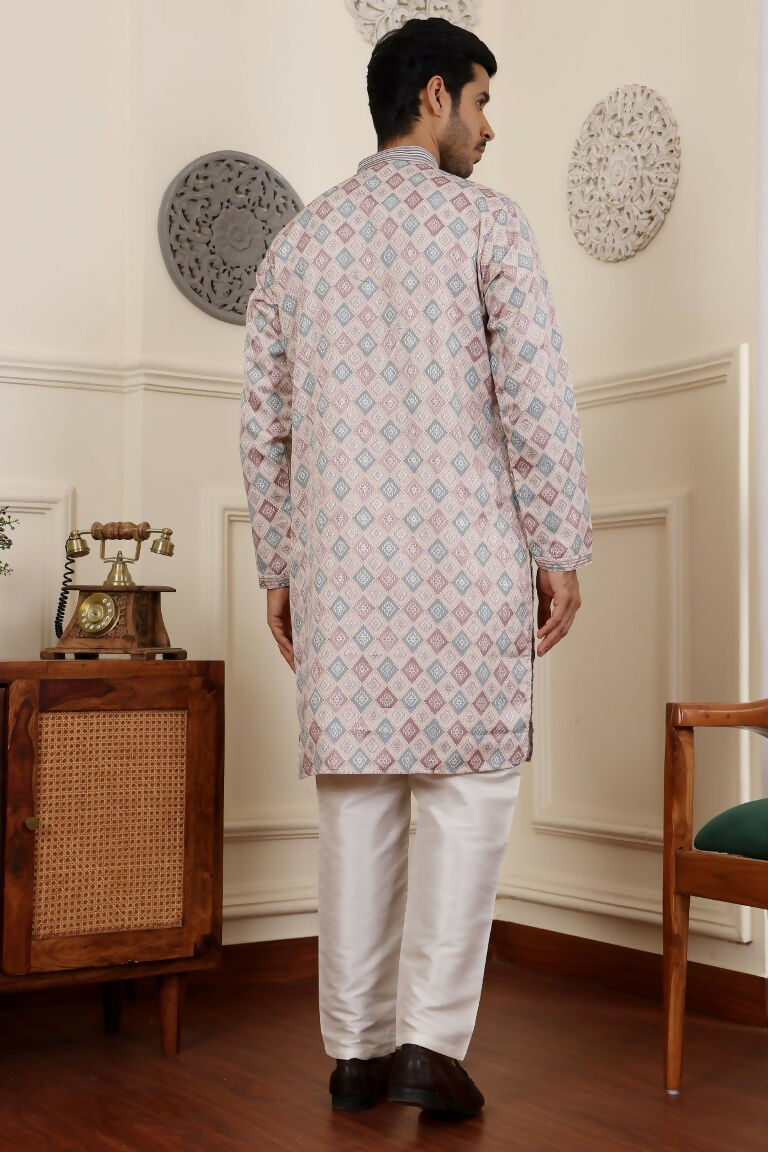 Cream Viscose Woven Jacquard Work Men's Rajwadi Kurta Set - Mahotsav