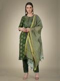 Jyoti Fashion Women's Dark Green Cotton Magic Slub Embroidery & Sequence work Kurta with Trouser & Dupatta