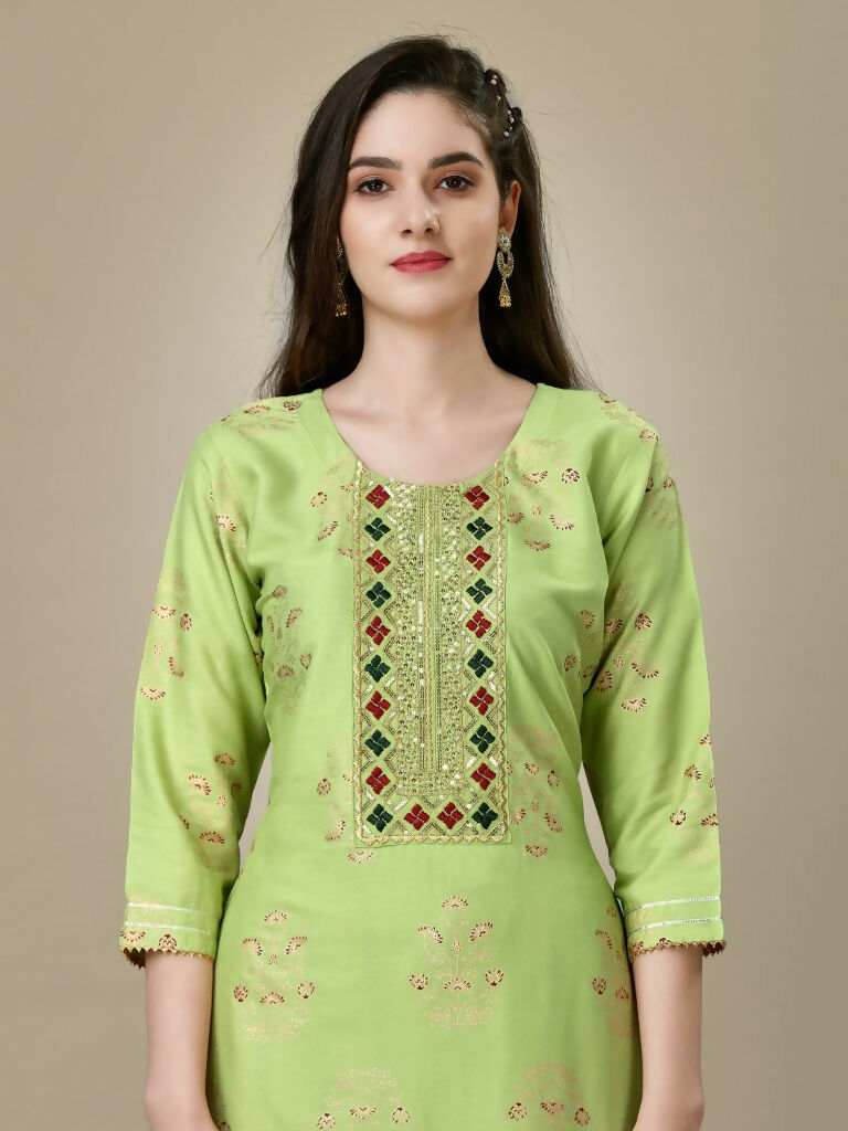 Jyoti Fashion Women's Light Green Rayon Embroidered Kurta Pant Set