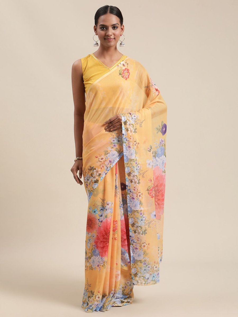 Ahalyaa Women's Mustard Colour Chiffon Digital Print Floral Saree