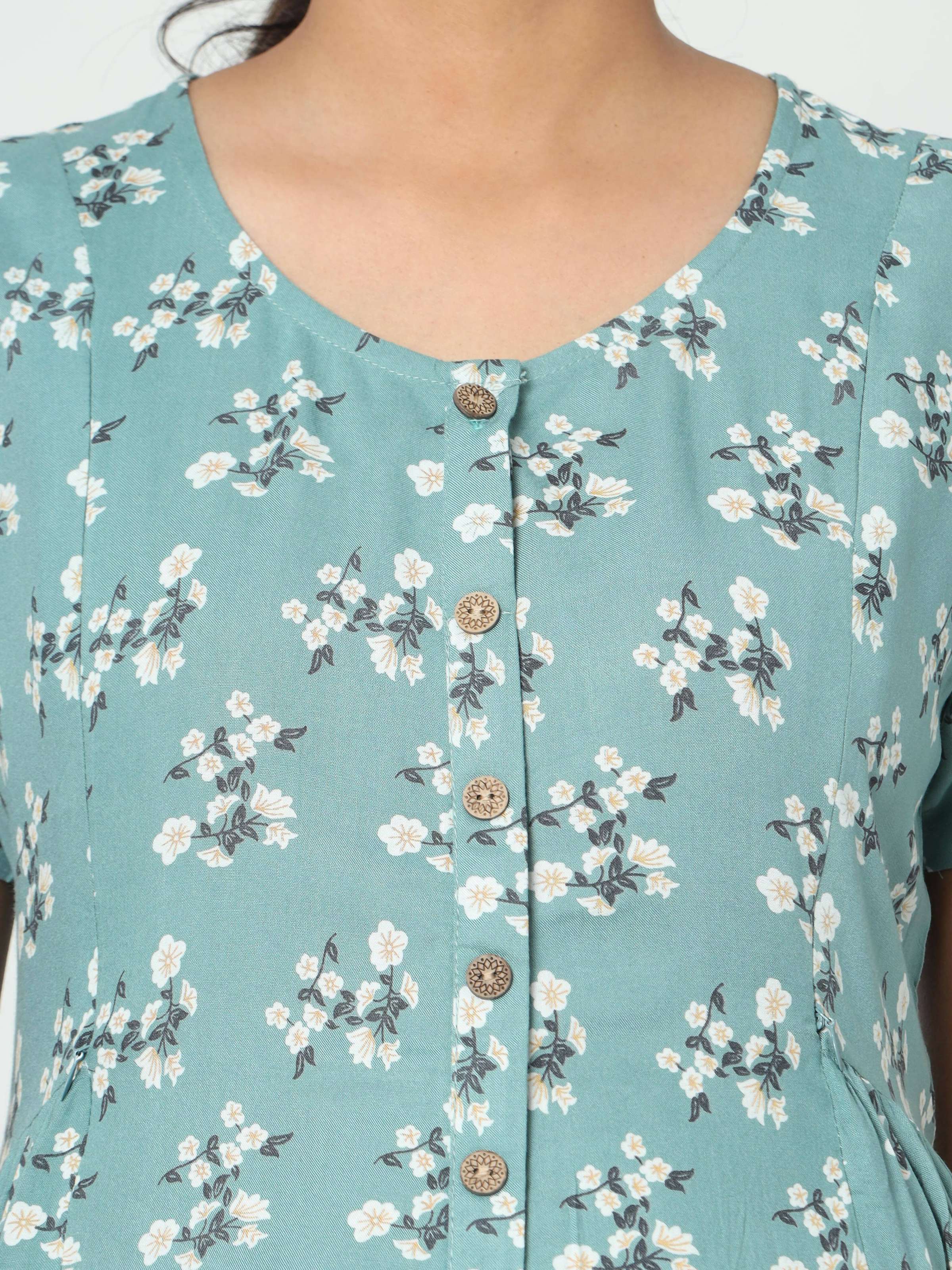 Manet Short Sleeves Maternity Dress Floral Print With Concealed Zipper Nursing Access - Green