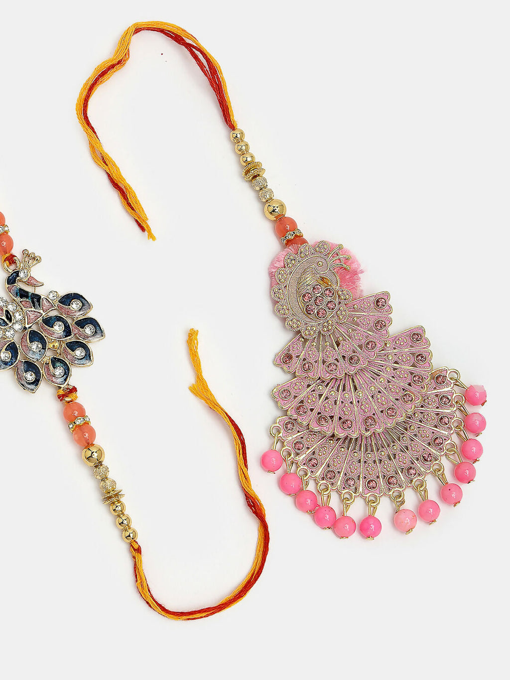 NVR Women & Men Set of 2 Multicolor Peacock Design Stone-Studded & Beaded Bhaiya Bhabhi Rakhi With Roli Chawal