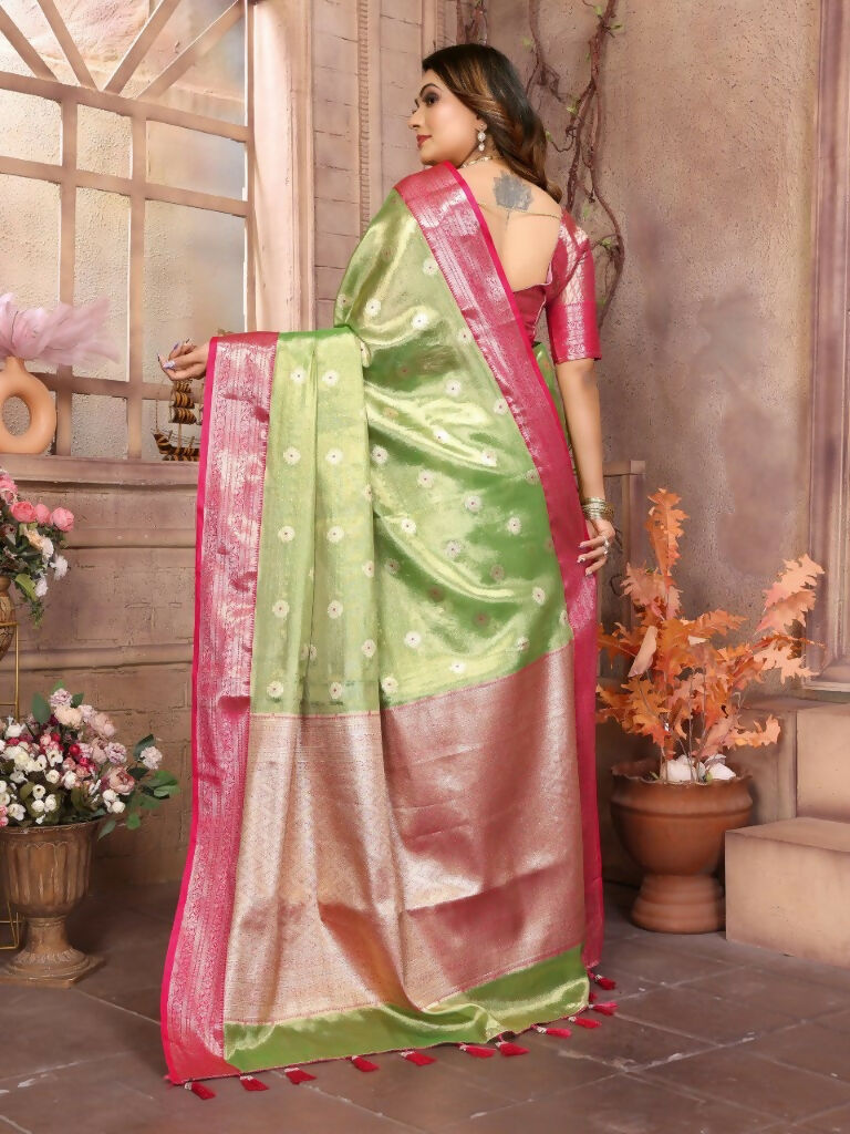 Anaita Light Green Tissue Silk With Zari Weaving Saree With Blouse