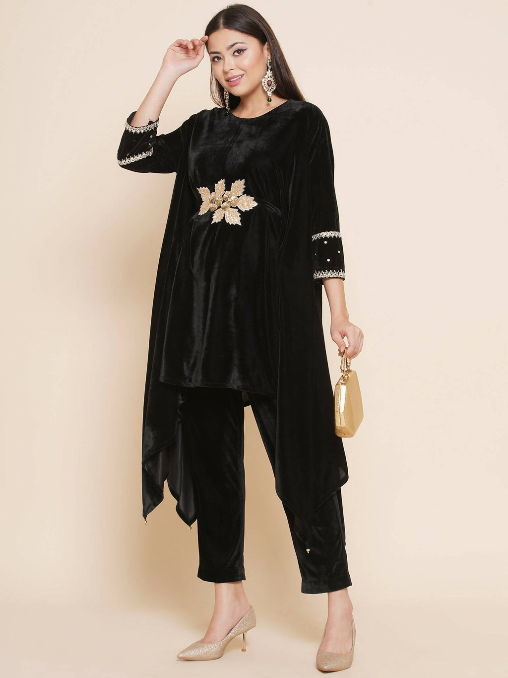 Women Republic Black Velvet Kaftaan Style Kurta With Pants
