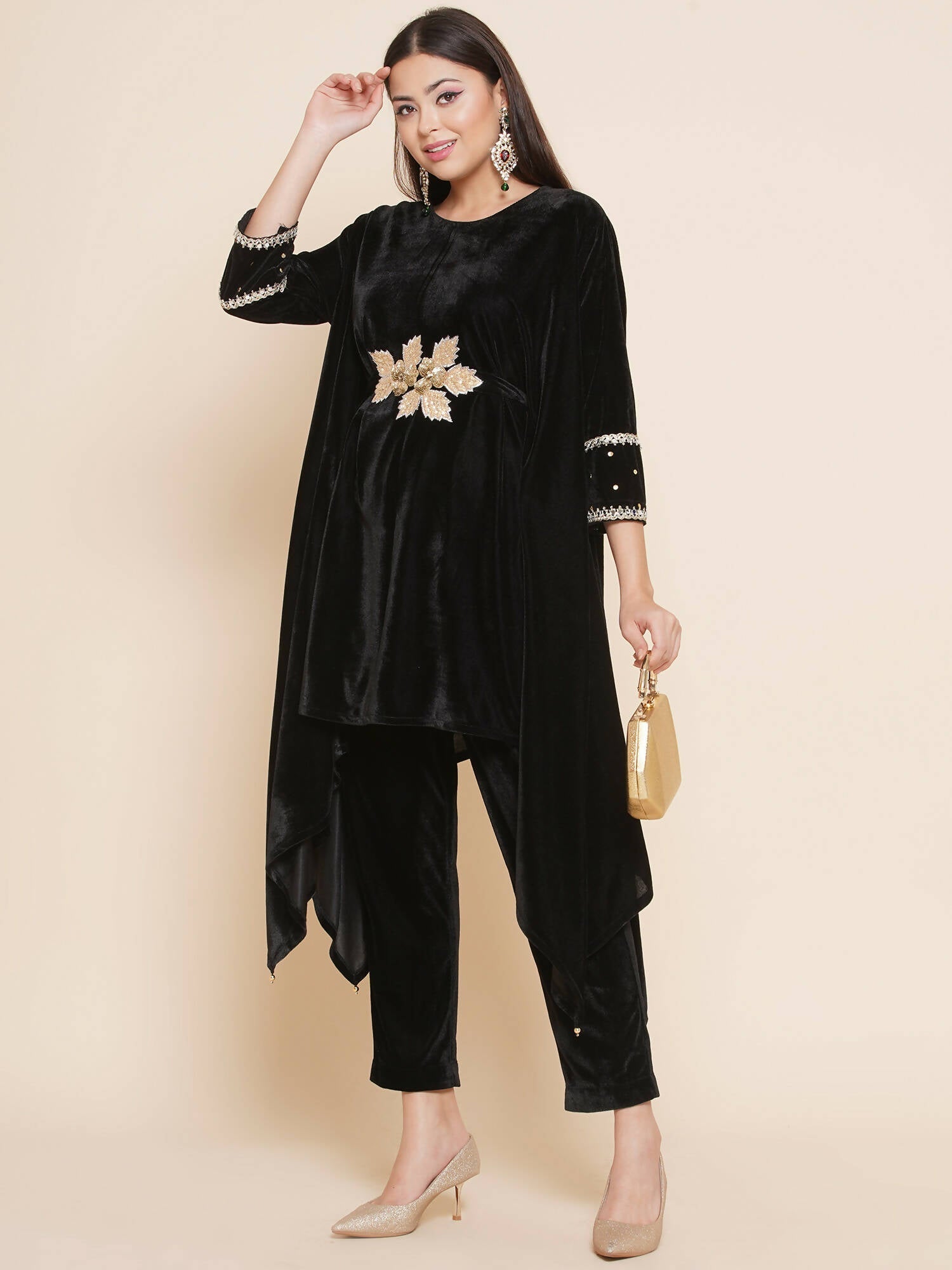 Women Republic Black Velvet Kaftaan Style Kurta With Pants