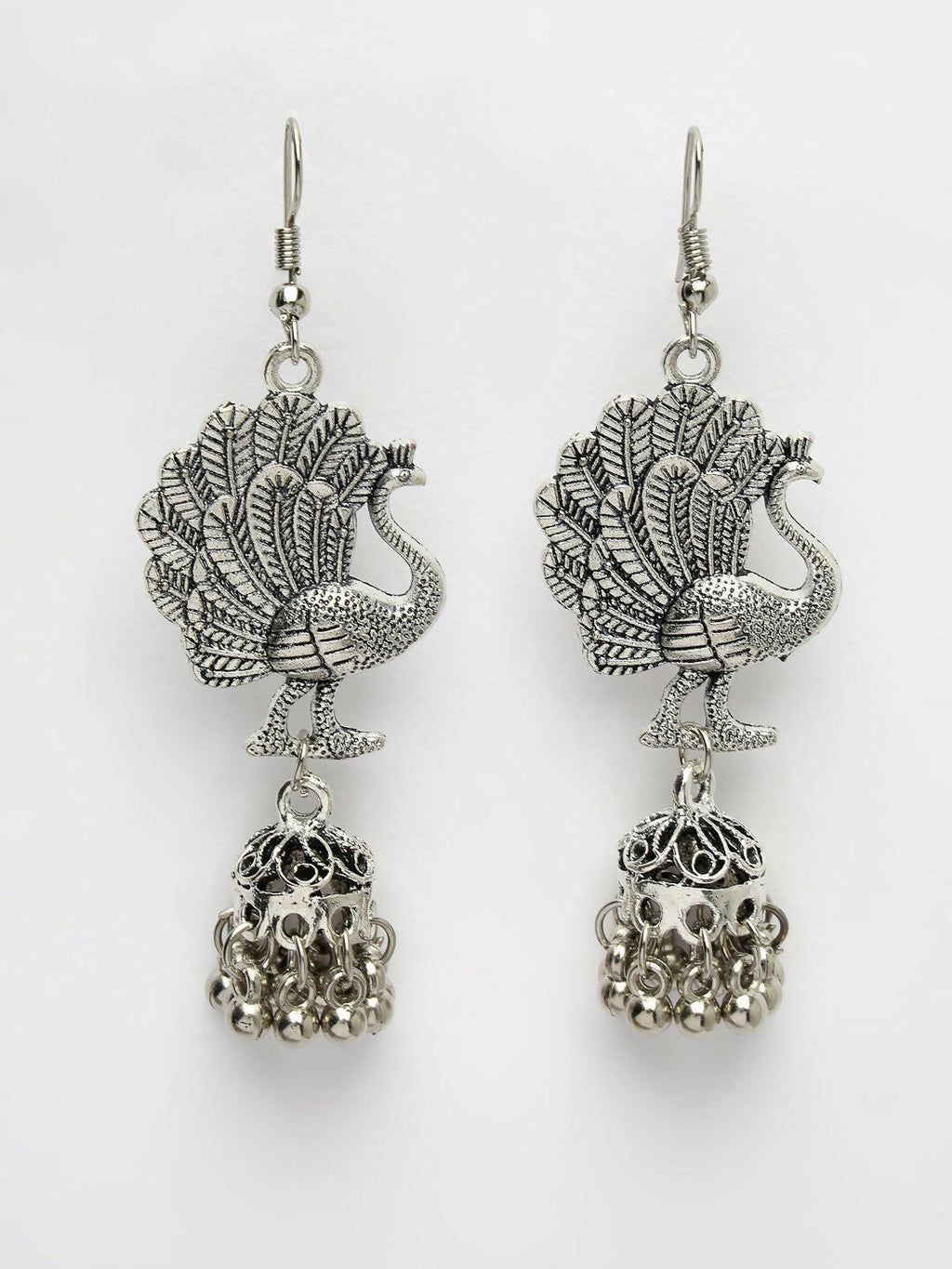 NVR Women's Silver-Toned Peacock Desing German Silver Oxidised Dome Shaped Jhumka Earrings