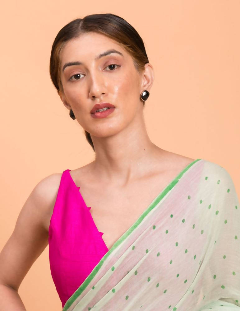 Suta Lime Green Polka Printed Pure Cotton Saree