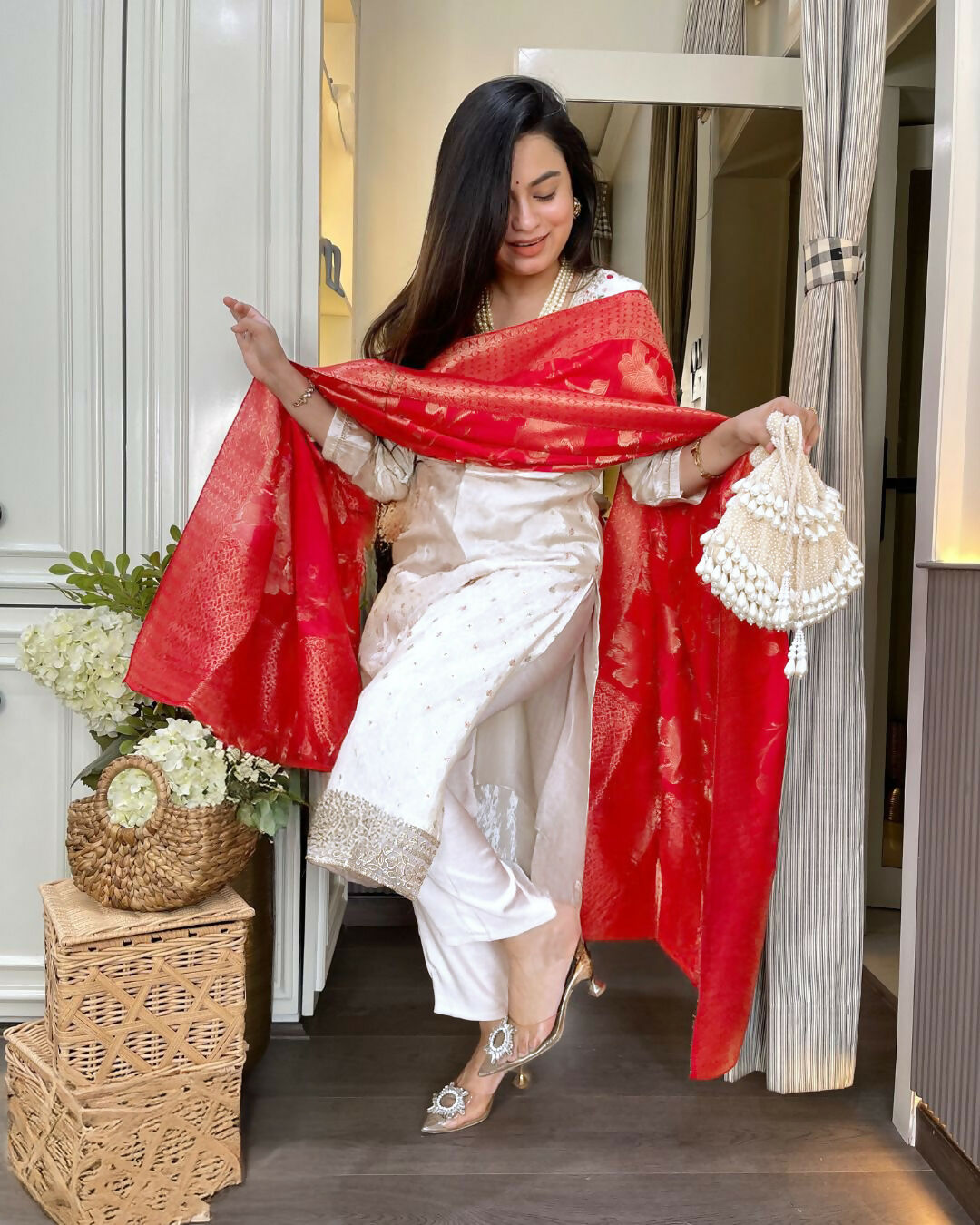 The52 White Women's Beautiful Chanderi Jacquard Fabric Embroidered Work Straight Kurta Pant and Dupatta Set