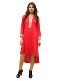 Women's Red Kurti With Zari Placket, Up Down Look - G & A Apparels