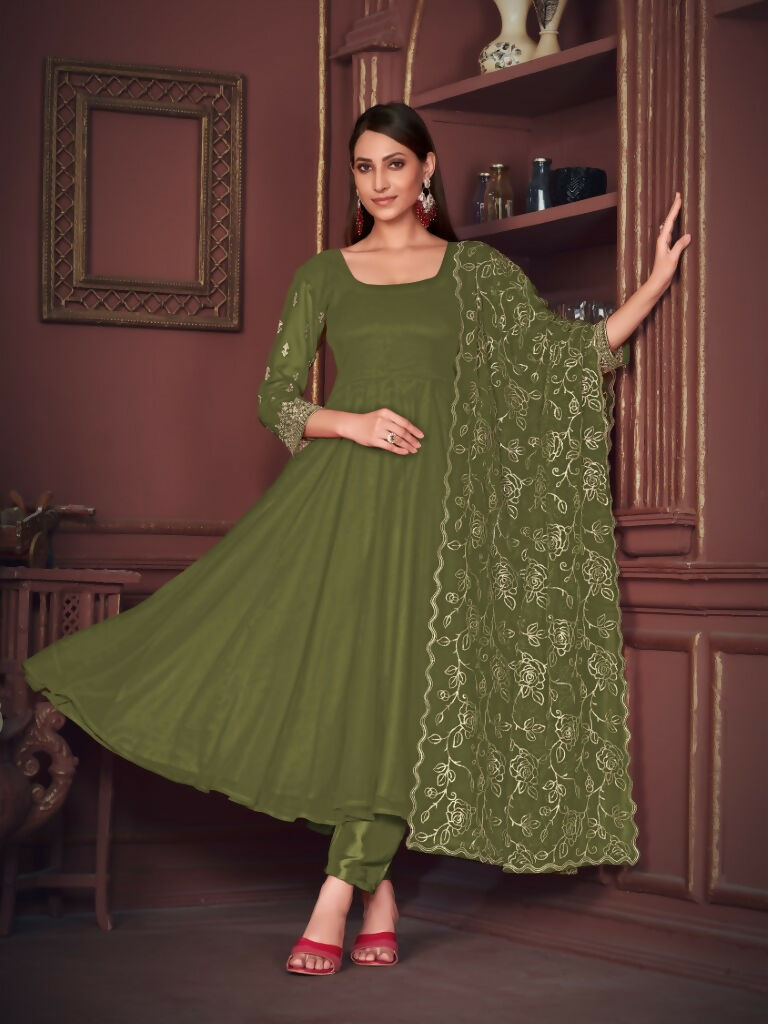 Jyoti Fashion Women's Olive Green Georgette Embroidered Anarkali Kurta Pant Set With Dupatta