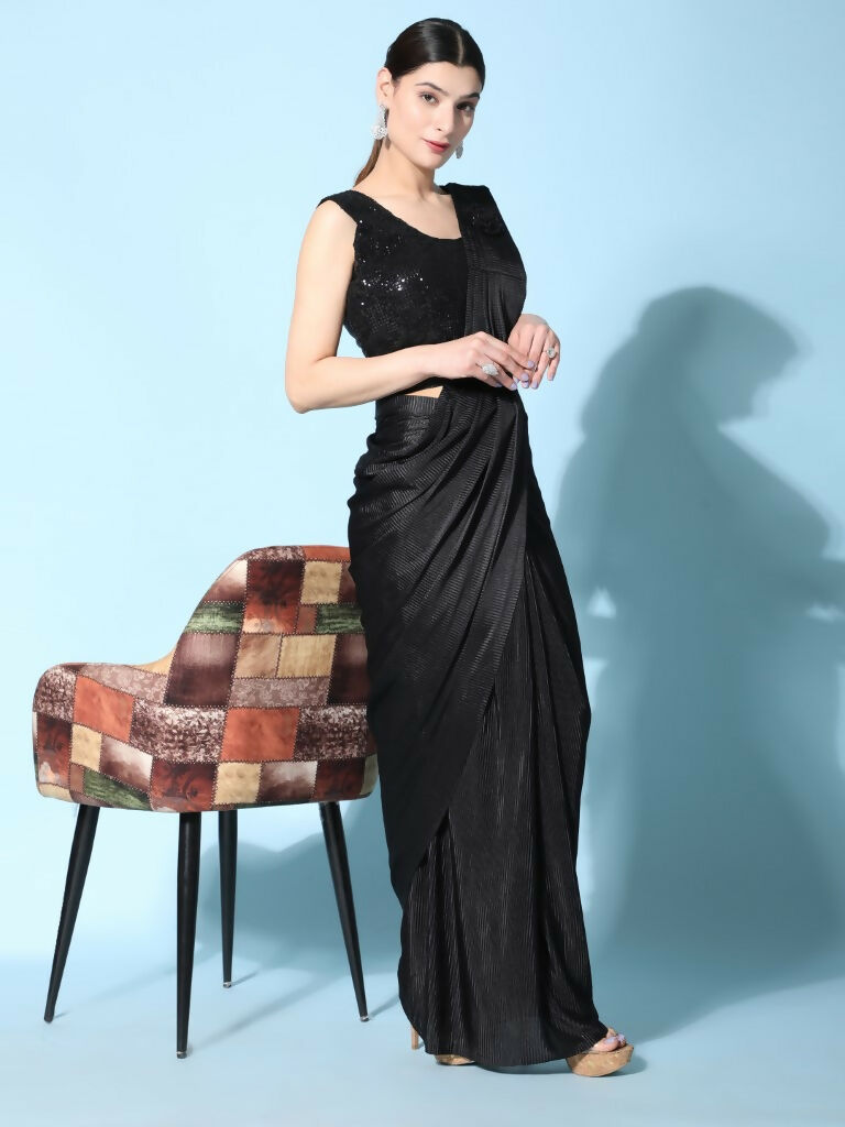 Black Imported Crush Lycra Texture Pattern Ready to Wear Saree with stitched Blouse - Nirvana
