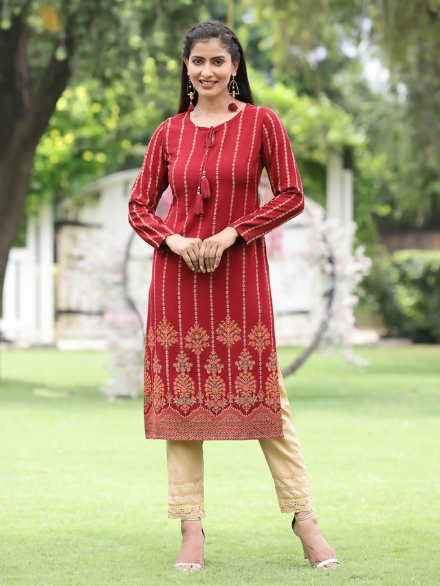 Juniper Maroon Ethnic Motif Printed Acrylic Straight Kurta.