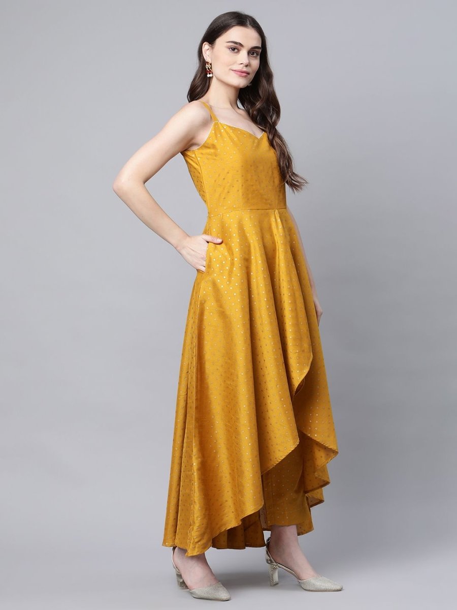 Ahalyaa Women Mustard Poly Silk Gold-Toned Printed Kurta With Trousers