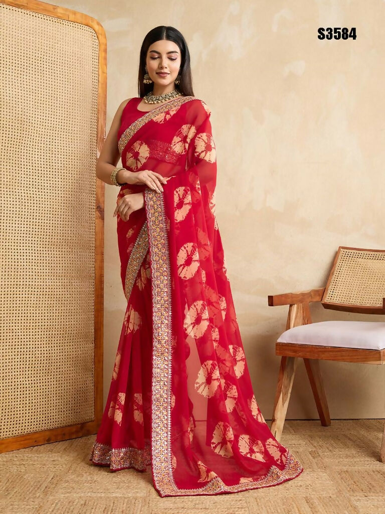 Red Georgette Printed Designer, Embroidery Work Lace Border Saree - Aarvi