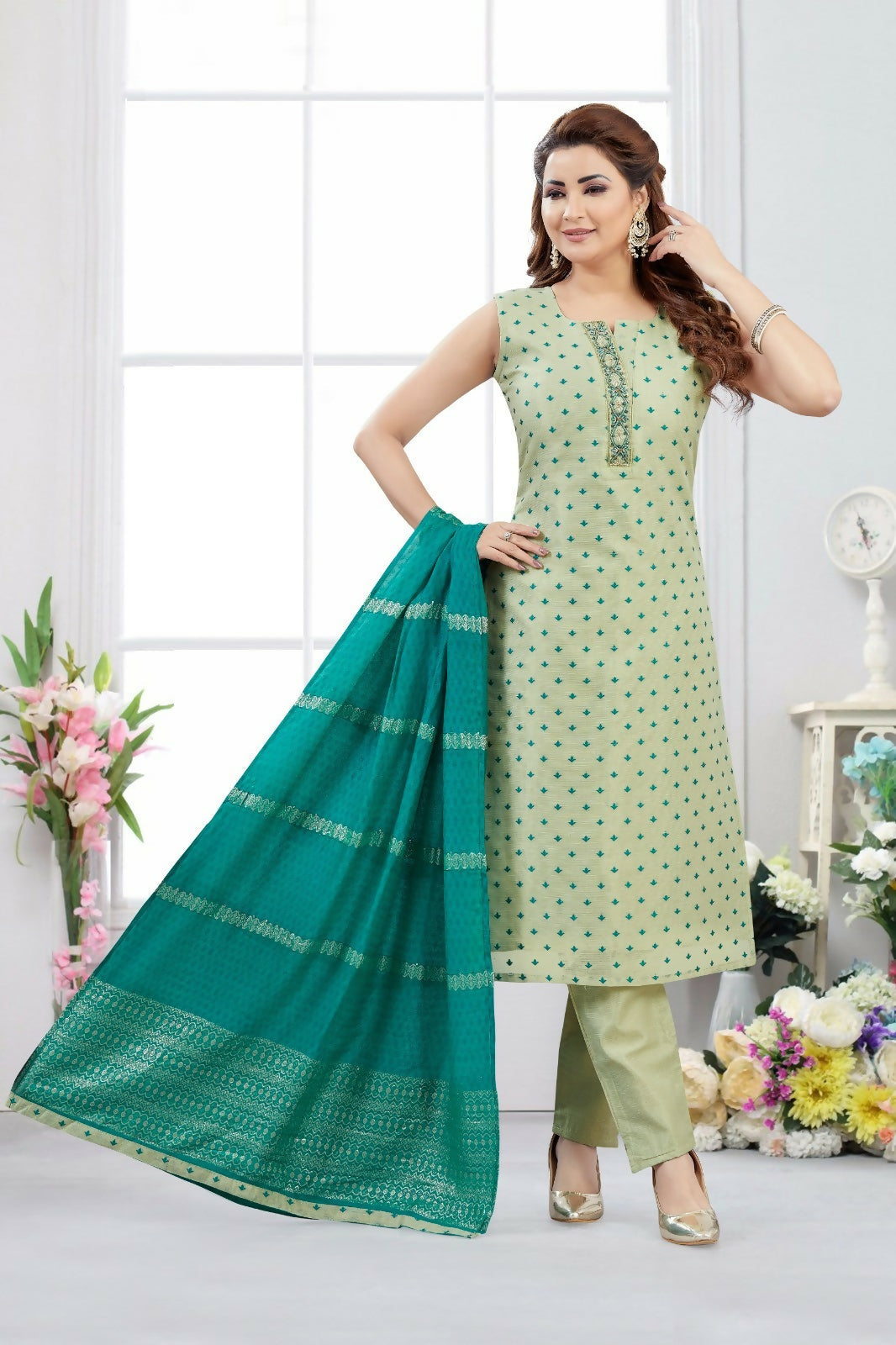Joban Fashion Jacquard Olive Green Color Kurta Set