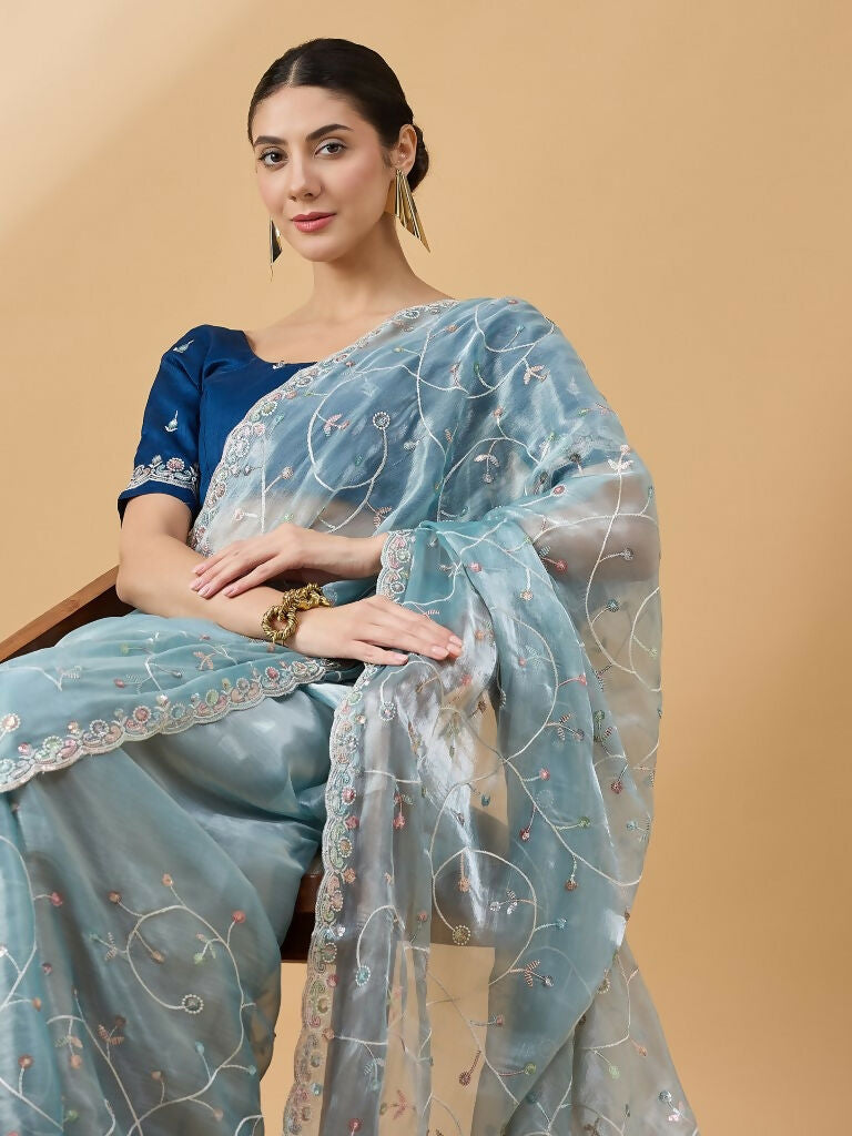 Blue Organza Sequence Embroidered Saree with Unstitched Blouse - Satya