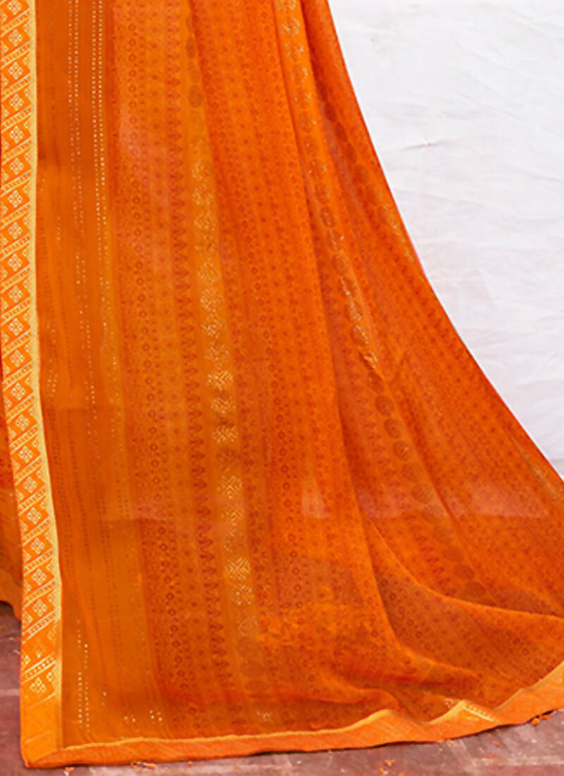 Orange Georgette Foil Printed Saree with Unstitched Blouse Piece - Avika