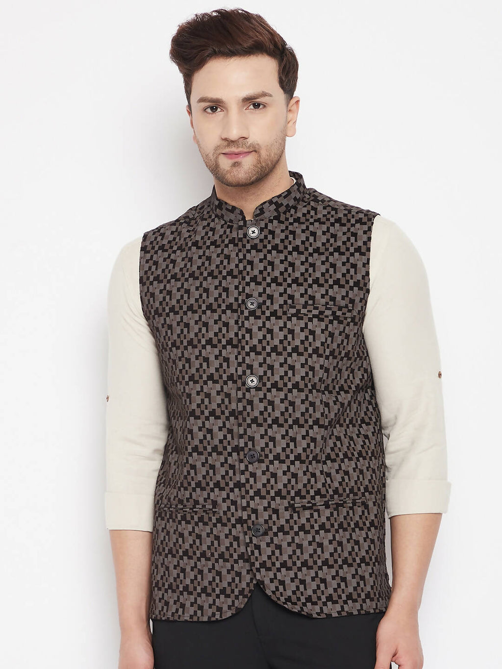 Even Apparels Black Merino Men Woven Nehru Jacket BF539
