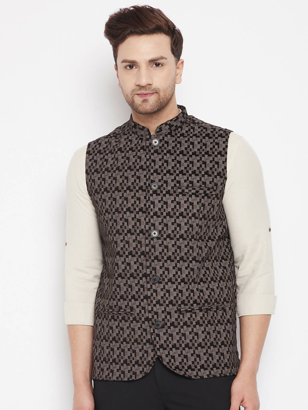 Even Apparels Black Merino Men Woven Nehru Jacket BF539