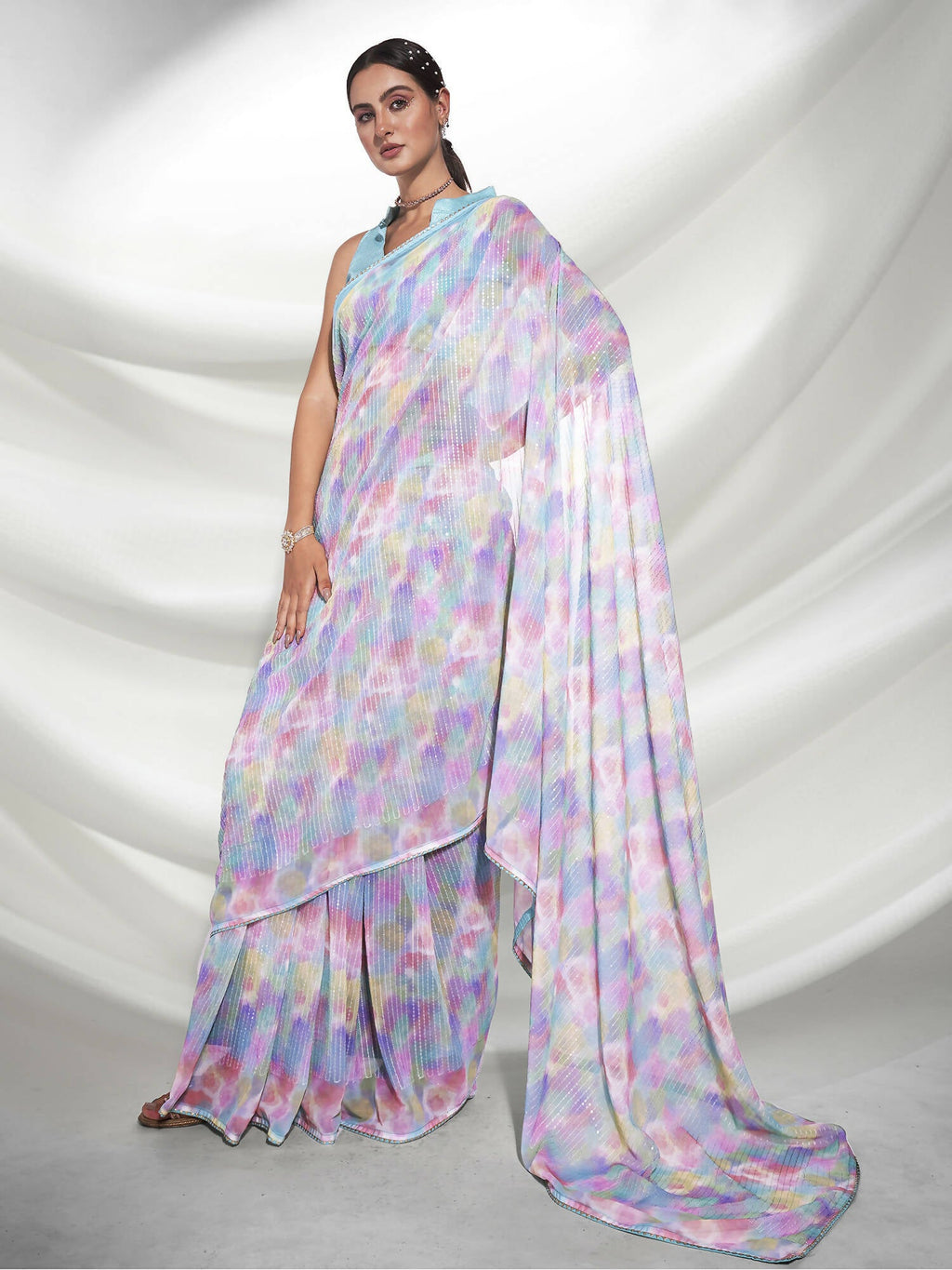 Blue Georgette Sequence Embroidery Saree With Unstitched Blouse Piece - Rajal