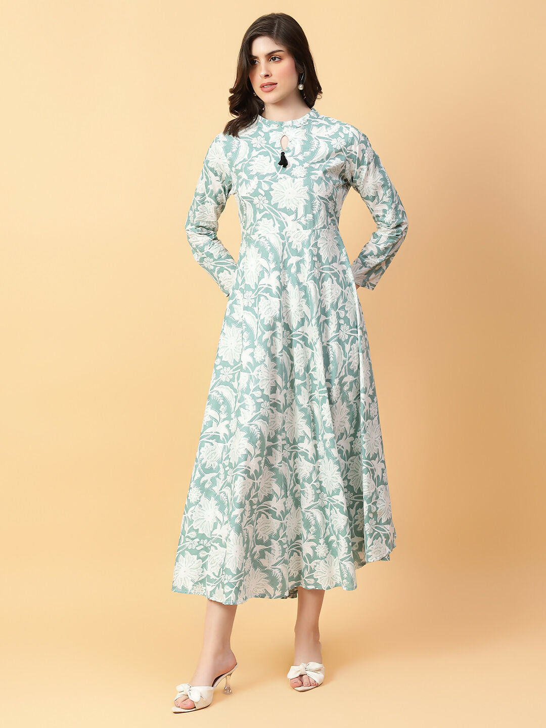 Joban Fashion Green Cotton Printed & Hand Work Dress