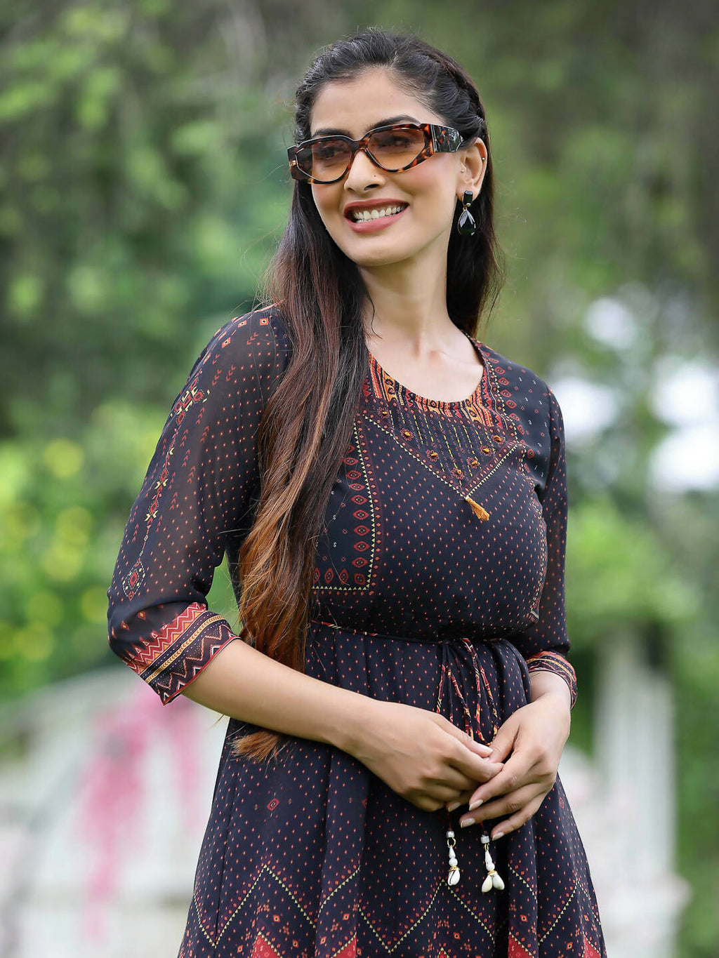 Juniper Black Georgette Festive Printed A-Line Dress For Women