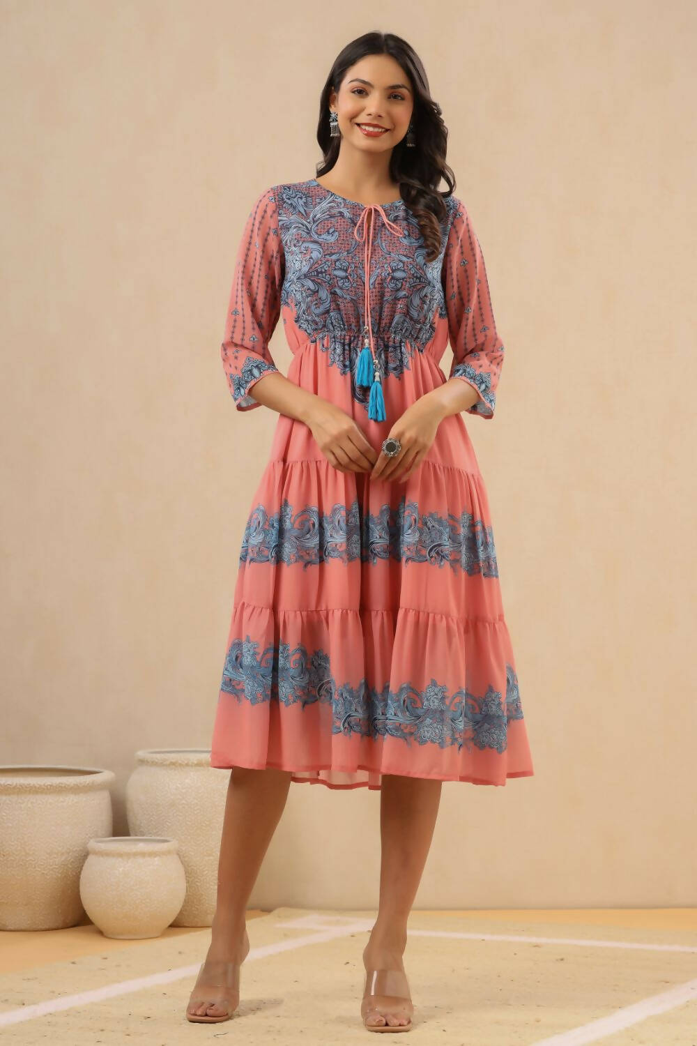 Juniper Womens Pink Georgette Printed Tiered Midi Dress