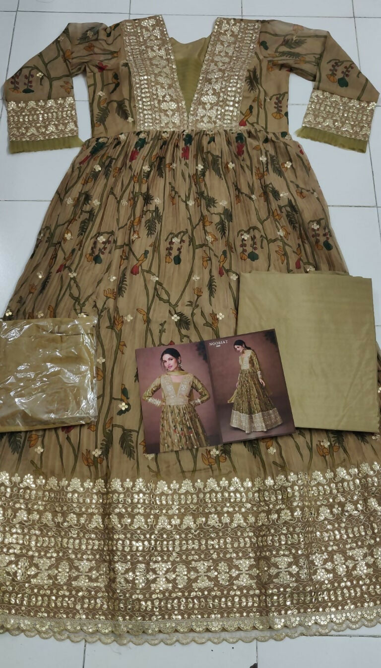 Vastranavya Green Organza Silk Floral Printed & Foil Mirror Work Anarkali Suit Set