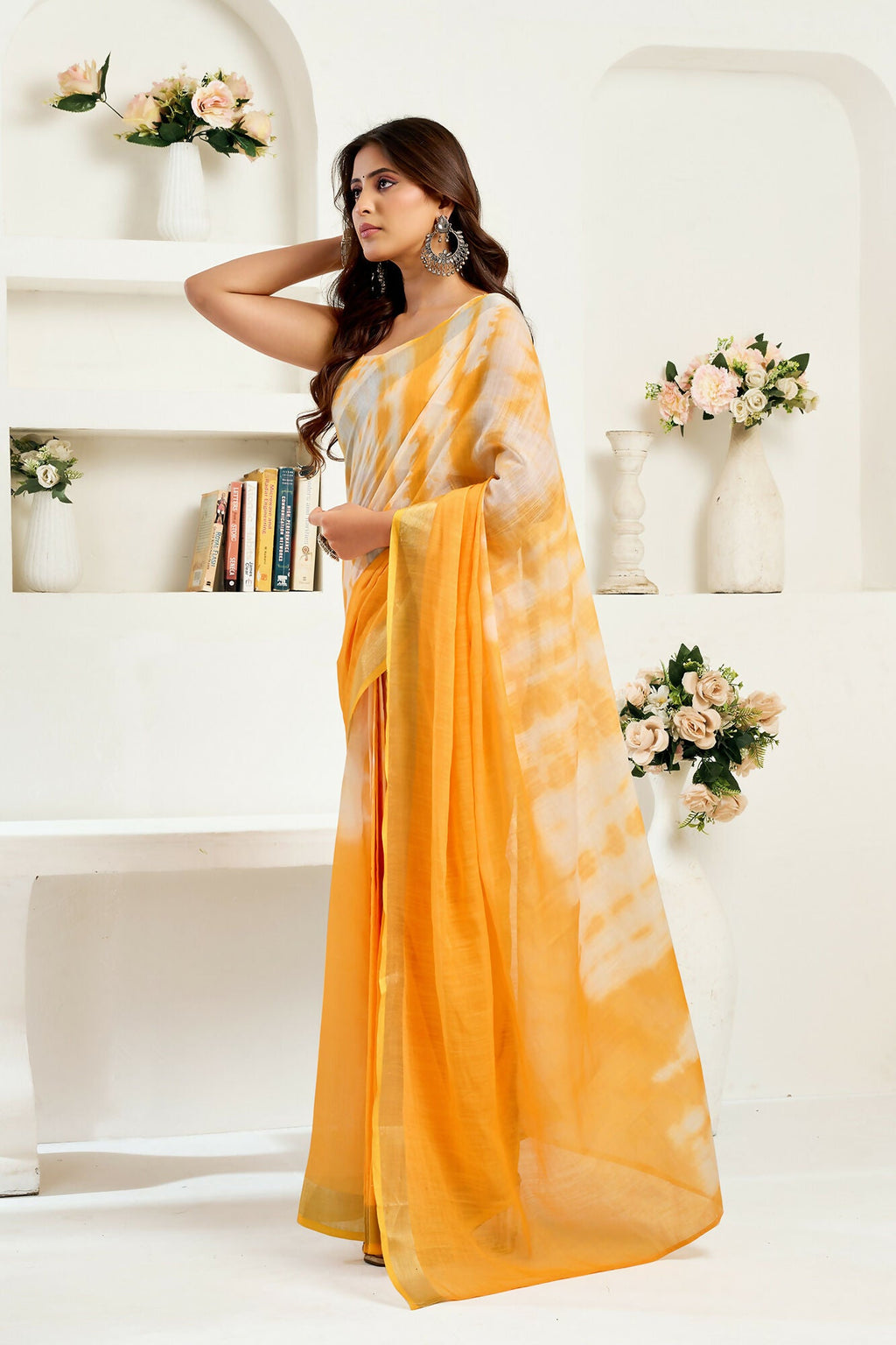 Vastranavya Yellow White Digital Printed Linen Ready To Wear Designer Saree with Unstitched Blouse
