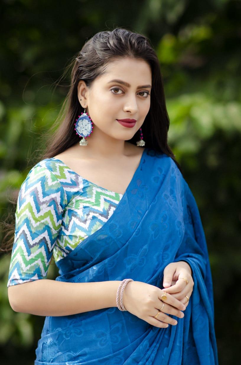 Blue Silk Blend Ethnic Motifs Saree with Unstitched Blouse - Hiral Fashion