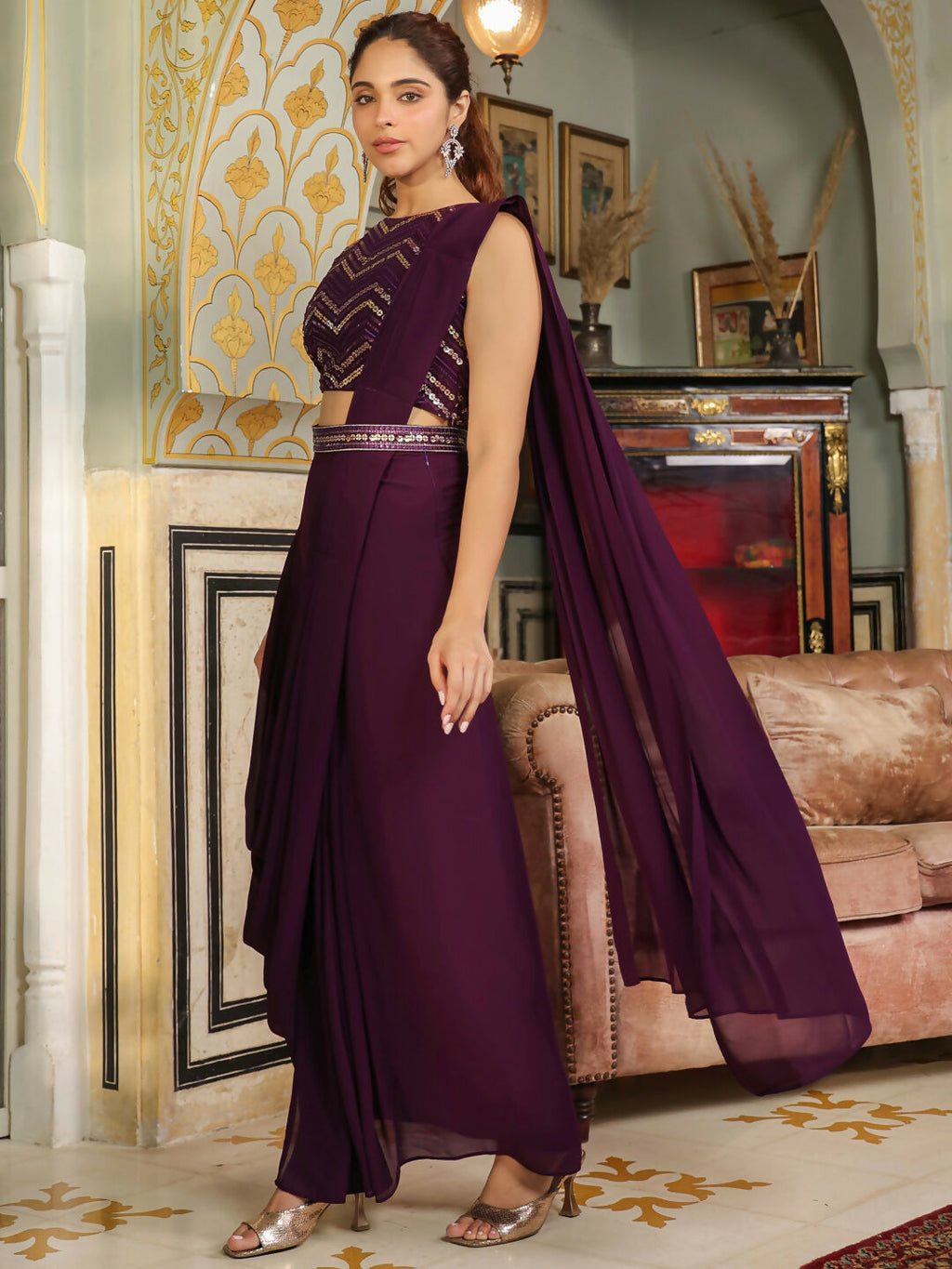 Janasya Purple Georgette Sequined Saree and Blouse