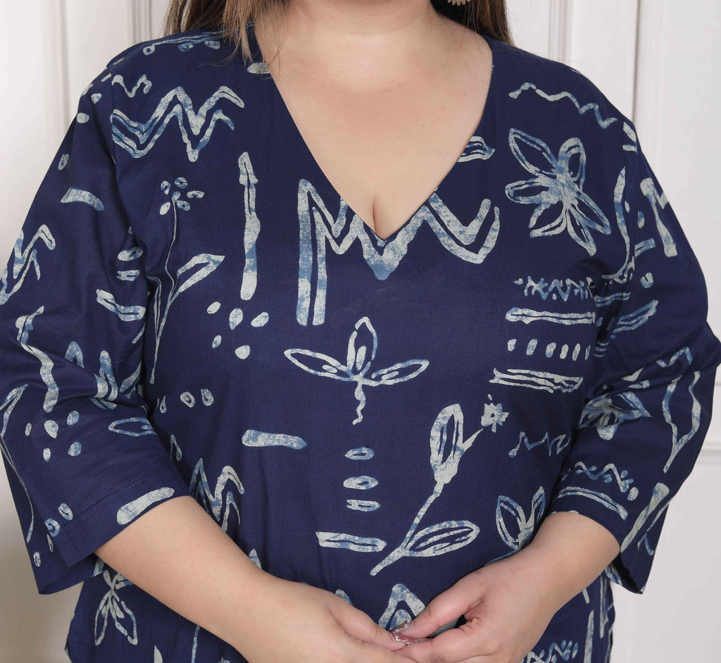 Miravan Women's Plus Size Abstract Printed Cotton Blue Kurta Set