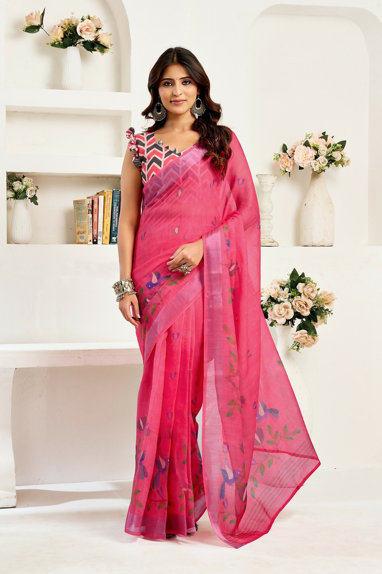 Vastranavya Pink Digital Printed Linen Ready To Wear Designer Saree with Unstitched Blouse