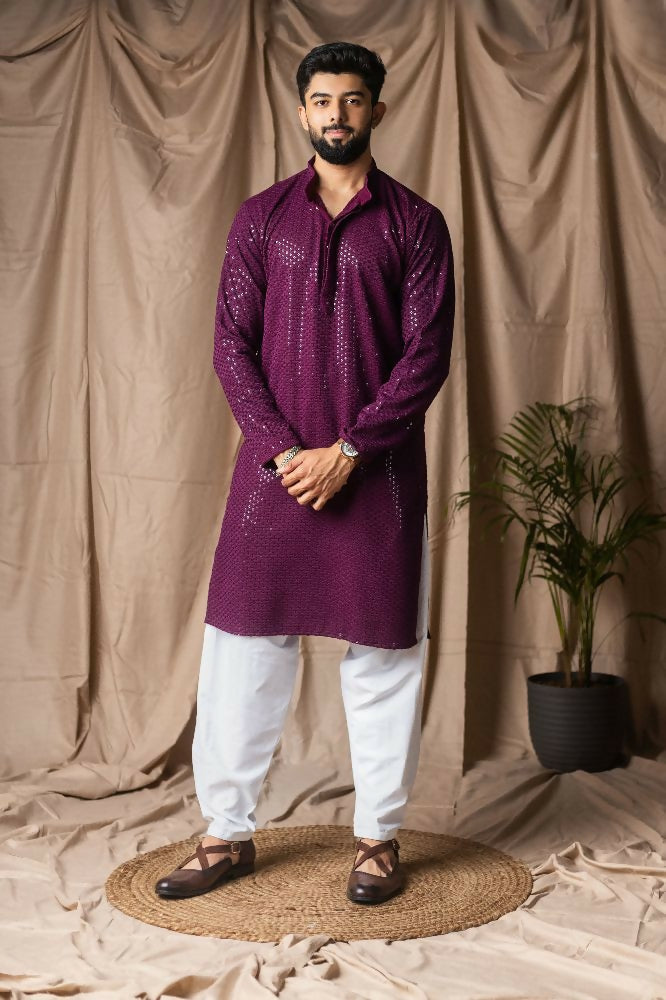 Wine Rayon Thread Embroidery Work Kurta Set - Mahotsav