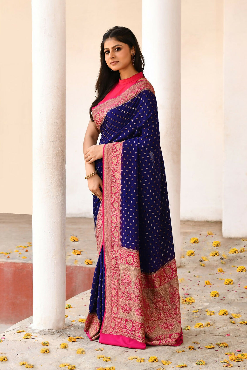 Joban Fashion Navy Blue Crepe Chiffon Pure Handloom Banarasi Silk Saree